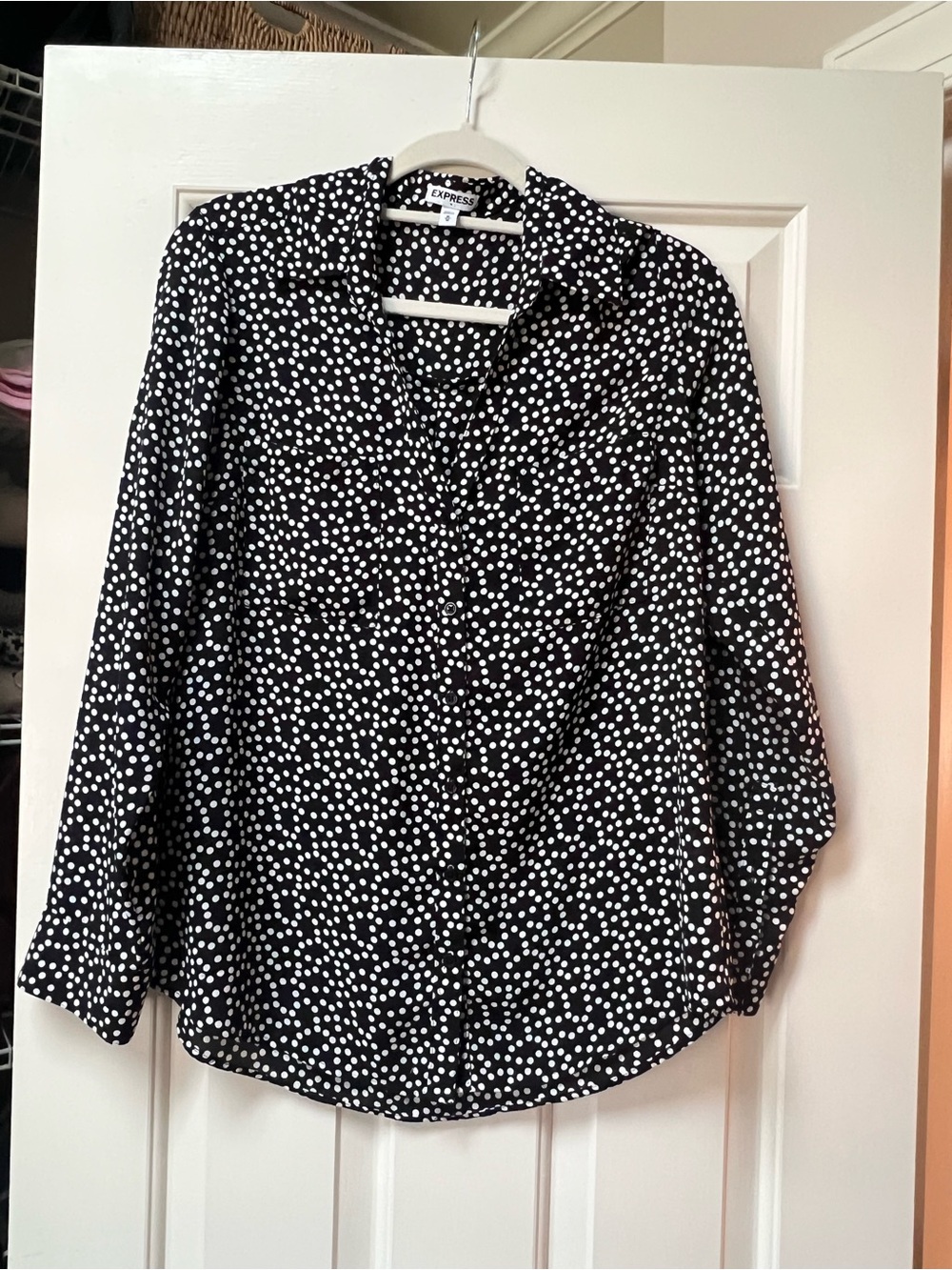 Express Black and White Polka Dot Button-Front Blouse